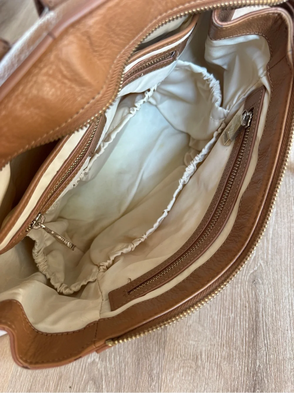 Mina Baie harper midi leather diaper bag backpack tan gold